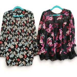 Lane Bryant Womens Top (x2)  Blouse Shirt 18 3/4 Sleeve Black Sheer Lace Smocked